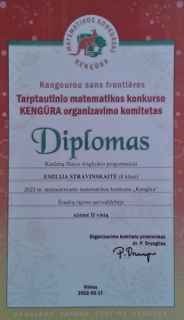 Tarptautinio matematikos konkurso ,,Kengūra“ diplomus